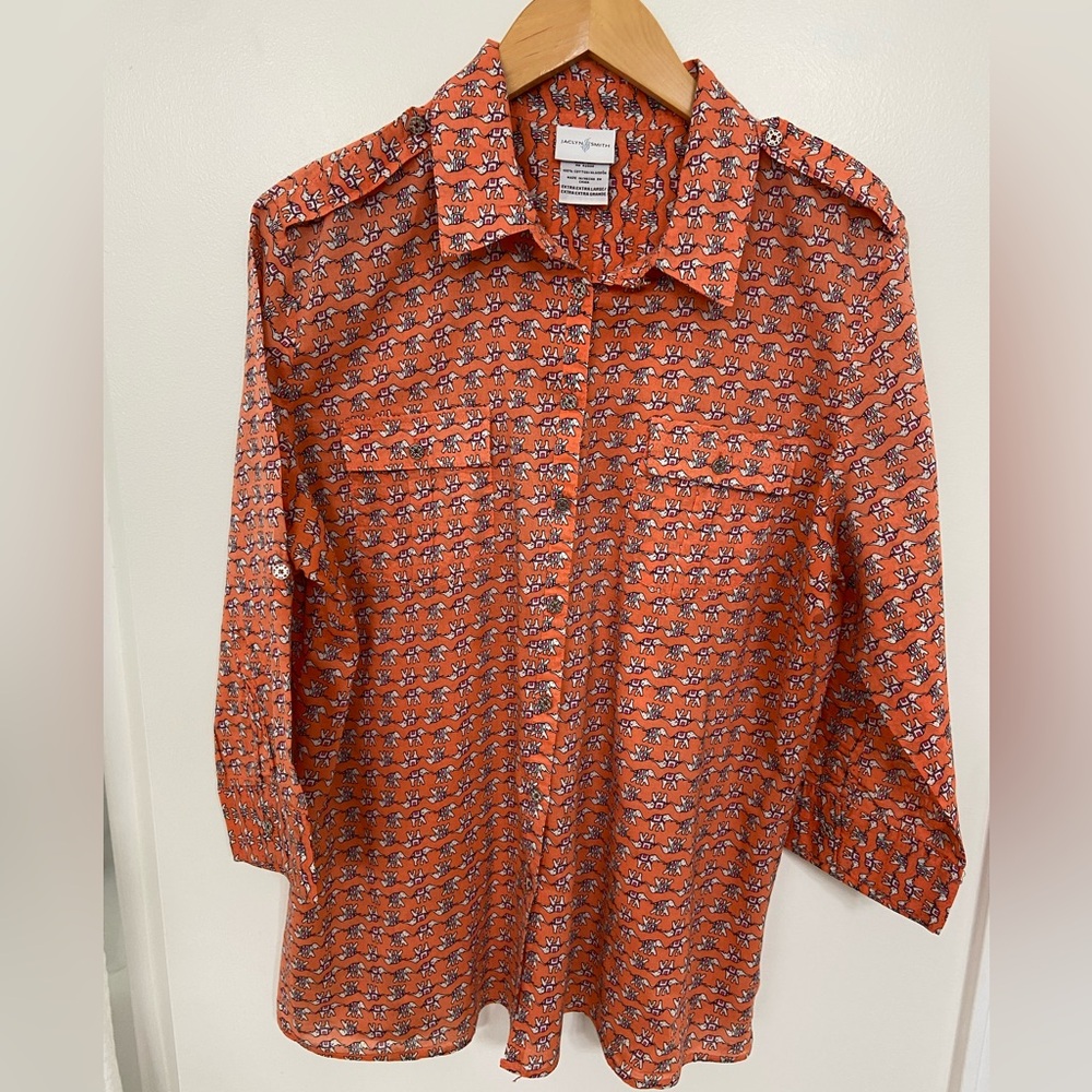 Jaclyn Smith Orange Cotton Blouse with White & Pink Elephant Print